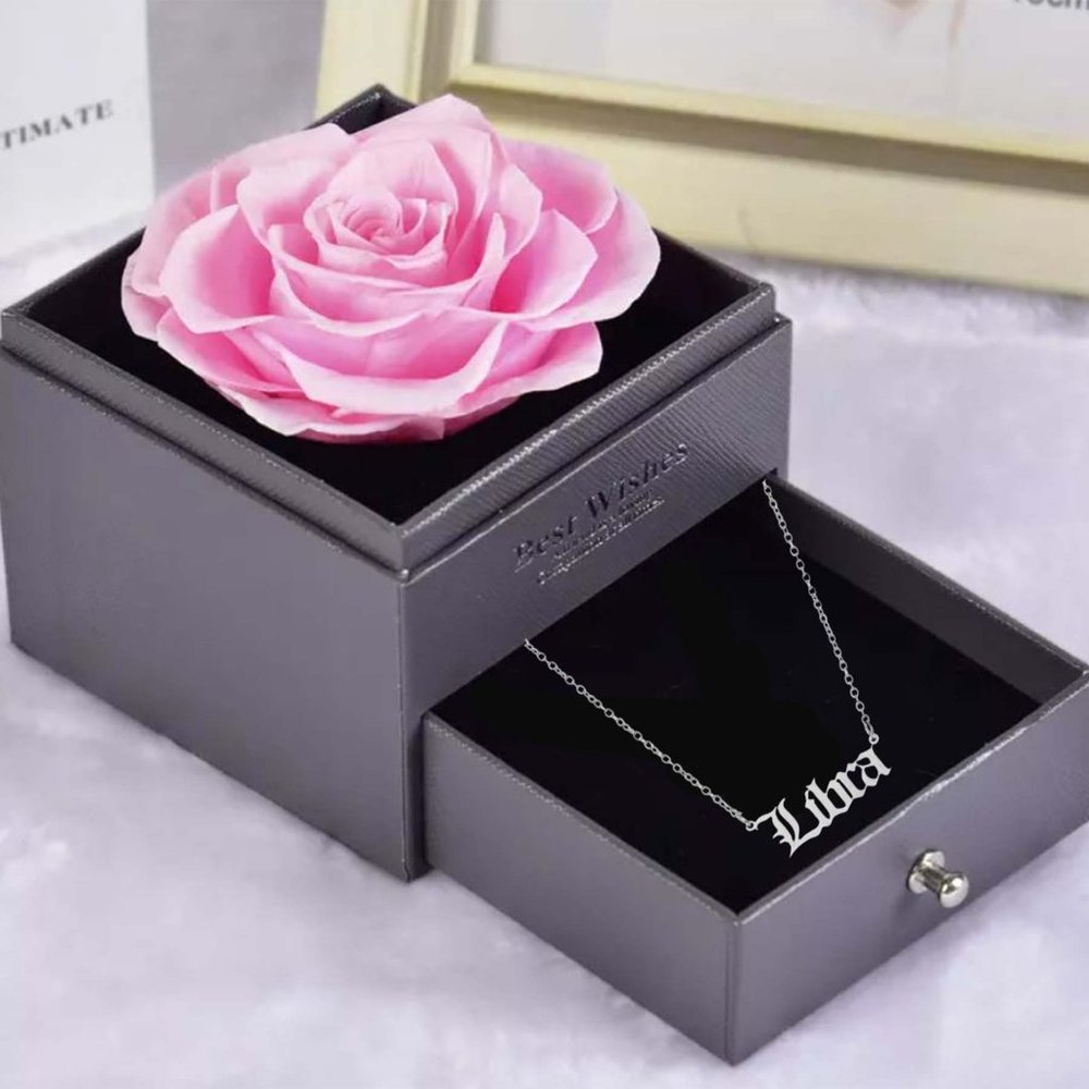 Preserved Rose Flower In a Acrylic Box with Silver Plated Libra Zodiac Necklace